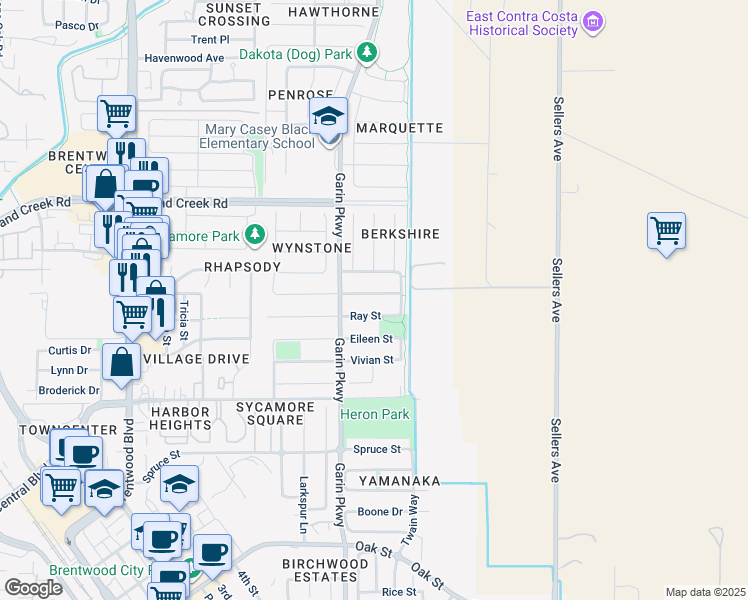map of restaurants, bars, coffee shops, grocery stores, and more near 752 Jennifer Street in Brentwood