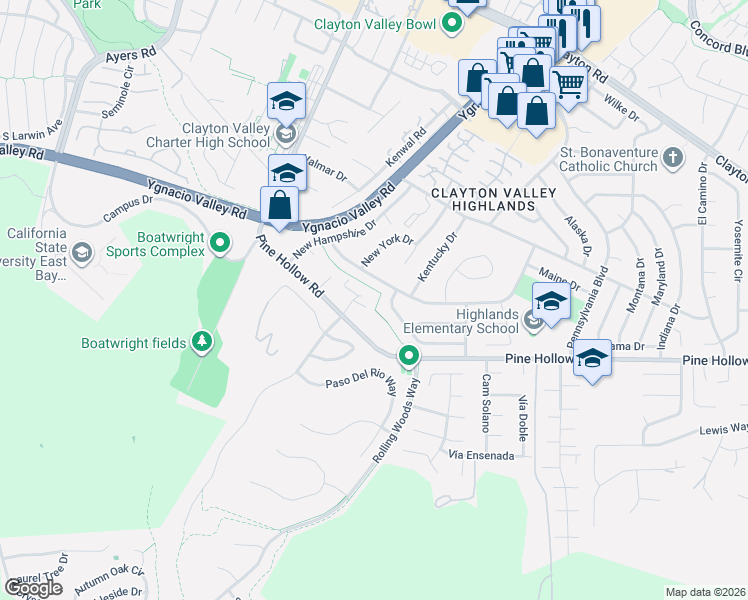 map of restaurants, bars, coffee shops, grocery stores, and more near 5305 Pine Hollow Road in Concord