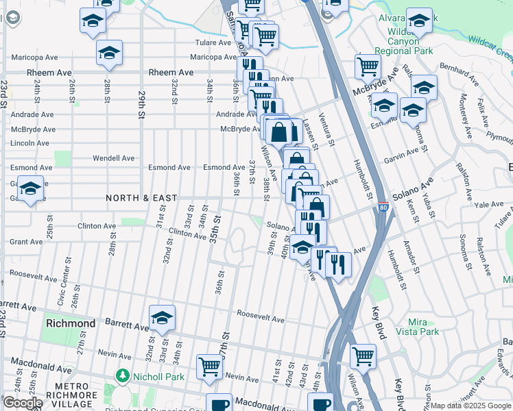 map of restaurants, bars, coffee shops, grocery stores, and more near 760 37th Street in Richmond