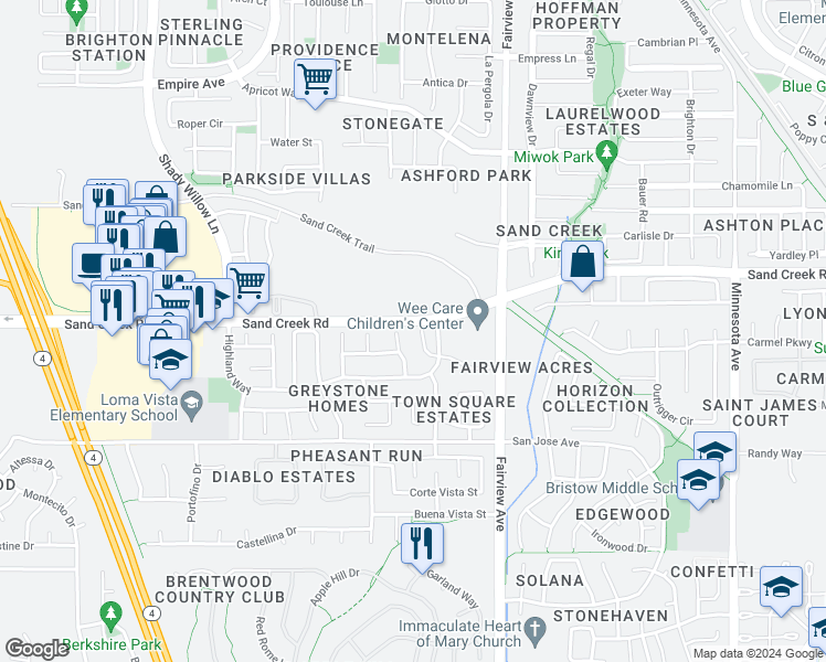 map of restaurants, bars, coffee shops, grocery stores, and more near 1213 Jasmine Court in Brentwood