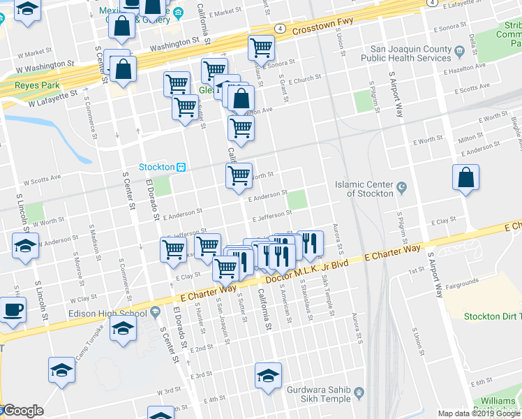 map of restaurants, bars, coffee shops, grocery stores, and more near 1035 South American Street in Stockton