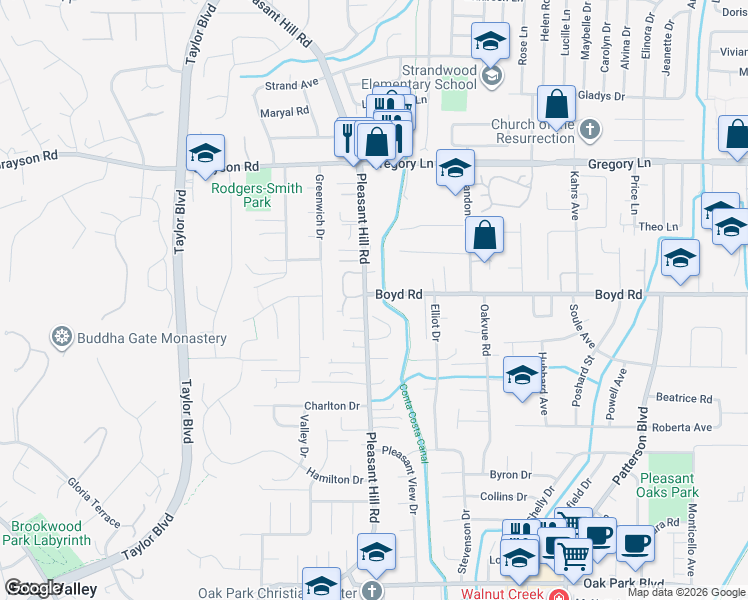 map of restaurants, bars, coffee shops, grocery stores, and more near 580 Boyd Road in Pleasant Hill