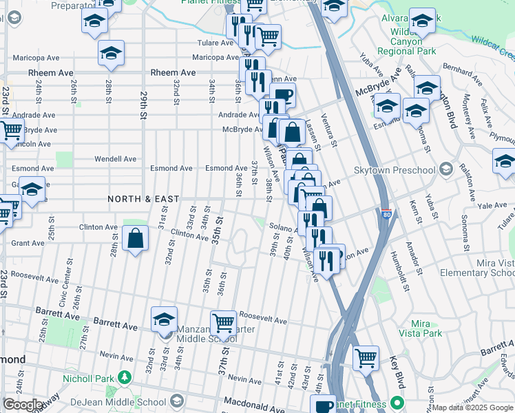 map of restaurants, bars, coffee shops, grocery stores, and more near 760 37th Street in Richmond