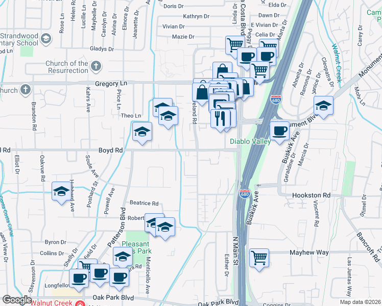 map of restaurants, bars, coffee shops, grocery stores, and more near 104 Cleaveland Road in Pleasant Hill