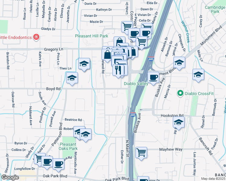 map of restaurants, bars, coffee shops, grocery stores, and more near 99 Cleaveland Road in Pleasant Hill