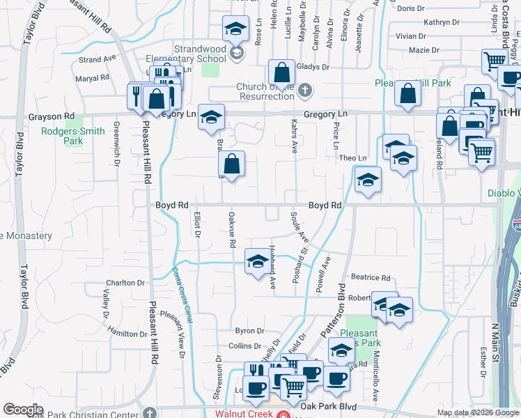 map of restaurants, bars, coffee shops, grocery stores, and more near 486 Turrin Drive in Pleasant Hill