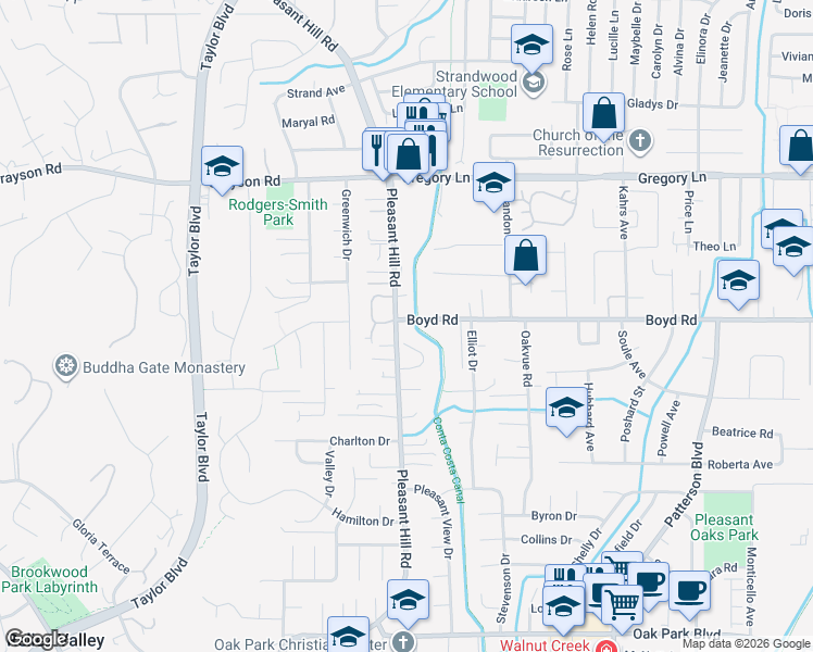 map of restaurants, bars, coffee shops, grocery stores, and more near 2220 Pleasant Hill Road in Pleasant Hill