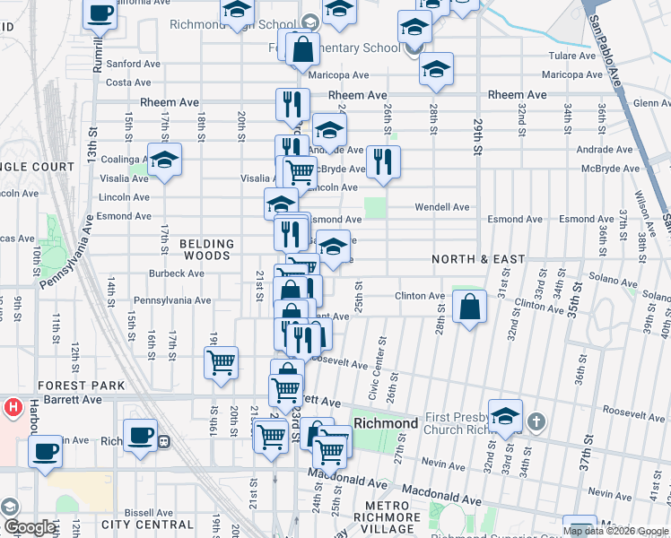 map of restaurants, bars, coffee shops, grocery stores, and more near 2373 Garvin Avenue in Richmond