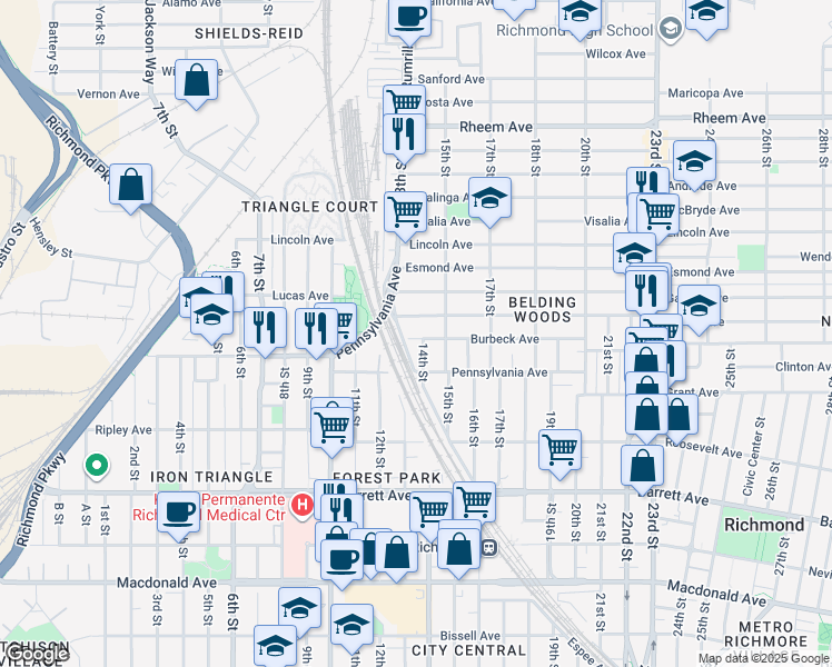 map of restaurants, bars, coffee shops, grocery stores, and more near 1341 Garvin Avenue in Richmond