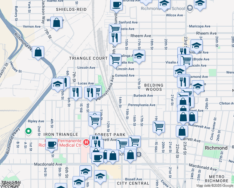 map of restaurants, bars, coffee shops, grocery stores, and more near 1341 Garvin Avenue in Richmond