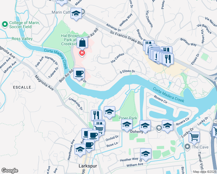 map of restaurants, bars, coffee shops, grocery stores, and more near 820 South Eliseo Drive in Larkspur