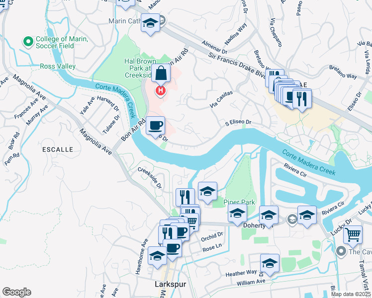 map of restaurants, bars, coffee shops, grocery stores, and more near 1000 South Eliseo Drive in Larkspur