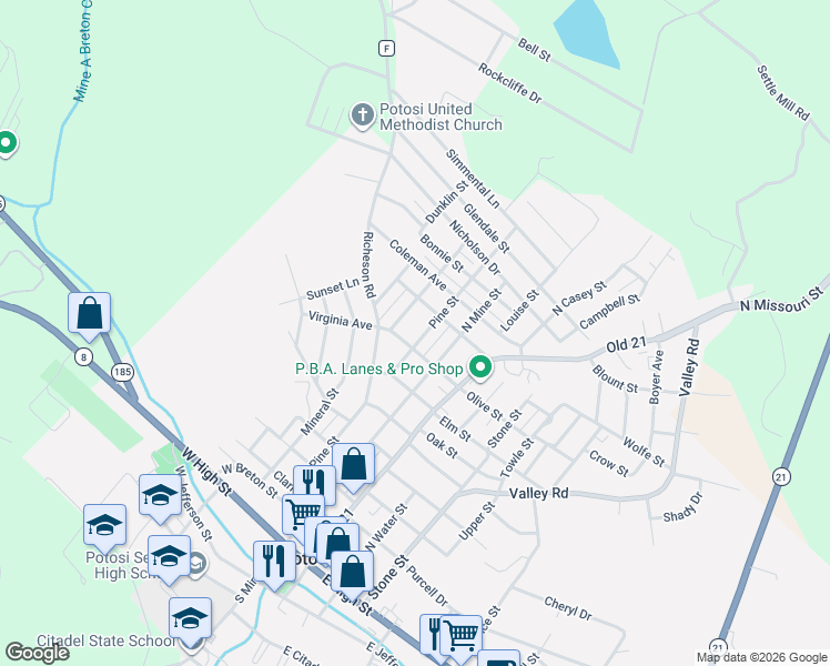 map of restaurants, bars, coffee shops, grocery stores, and more near 304 Clara Avenue in Potosi