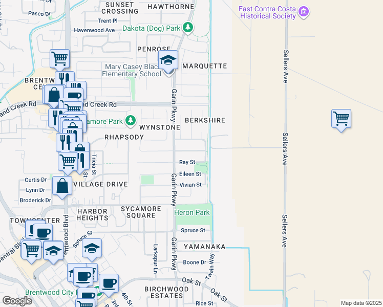 map of restaurants, bars, coffee shops, grocery stores, and more near 752 Jennifer Street in Brentwood