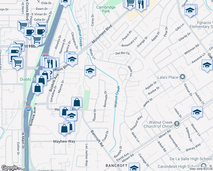 map of restaurants, bars, coffee shops, grocery stores, and more near 1028 Bermuda Drive in Concord
