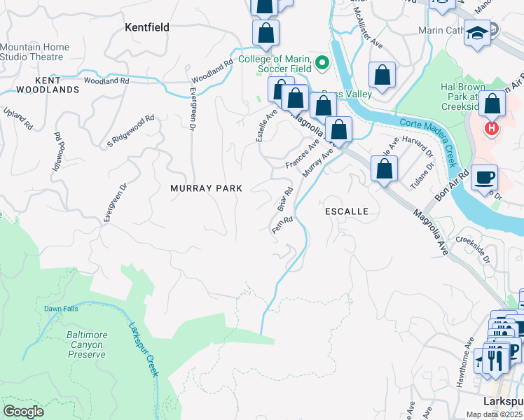 map of restaurants, bars, coffee shops, grocery stores, and more near 91 Black Log Road in Kentfield