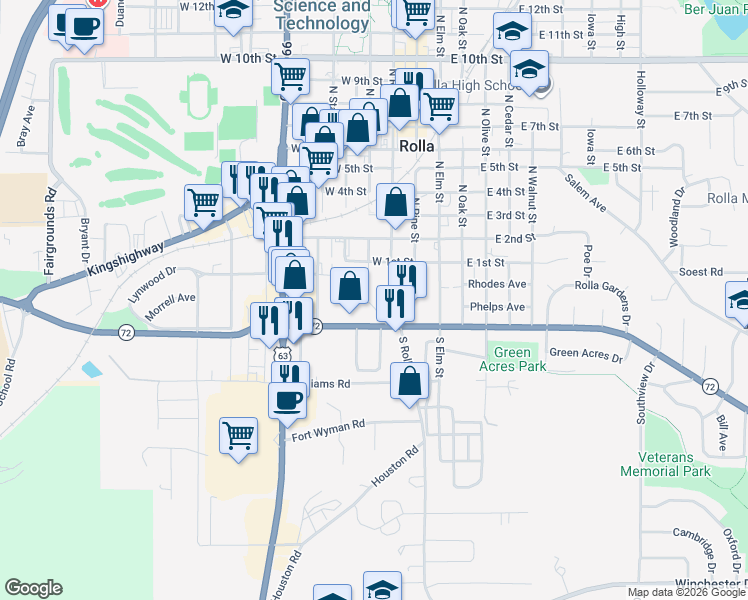 map of restaurants, bars, coffee shops, grocery stores, and more near 108 South Rolla Street in Rolla