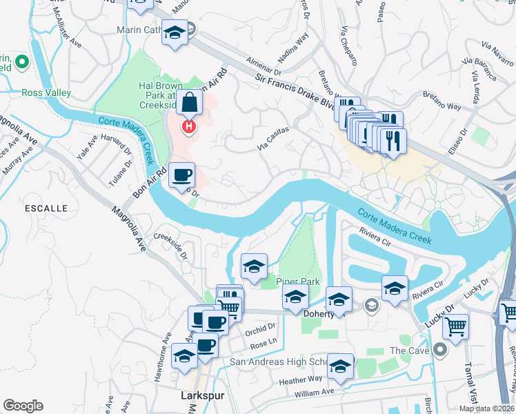 map of restaurants, bars, coffee shops, grocery stores, and more near 820 South Eliseo Drive in Larkspur