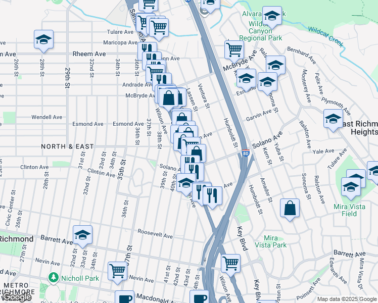 map of restaurants, bars, coffee shops, grocery stores, and more near 12664 San Pablo Avenue in Richmond