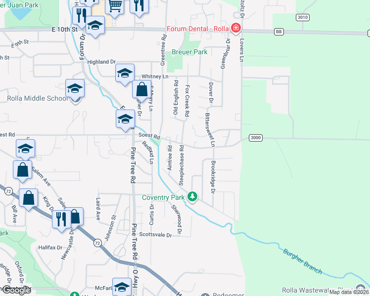 map of restaurants, bars, coffee shops, grocery stores, and more near 1706 Ashwood Drive in Rolla