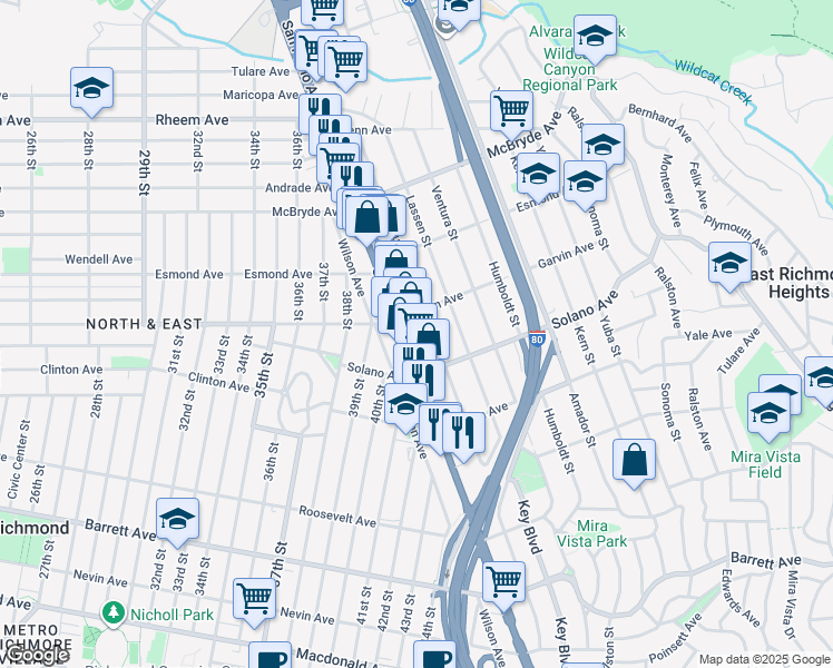 map of restaurants, bars, coffee shops, grocery stores, and more near 12664 San Pablo Avenue in Richmond
