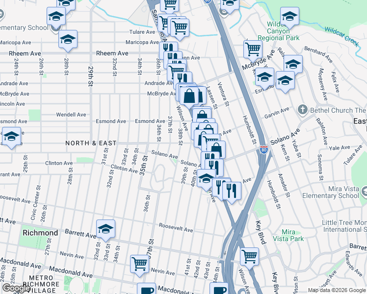 map of restaurants, bars, coffee shops, grocery stores, and more near 766 38th Street in Richmond