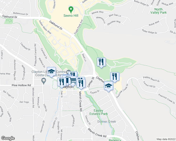 map of restaurants, bars, coffee shops, grocery stores, and more near 1328 Shell Lane in Clayton