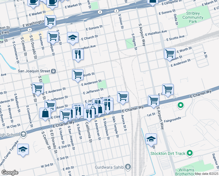 map of restaurants, bars, coffee shops, grocery stores, and more near 808 East Jefferson Street in Stockton