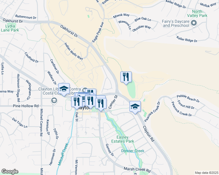 map of restaurants, bars, coffee shops, grocery stores, and more near 1328 Shell Lane in Clayton