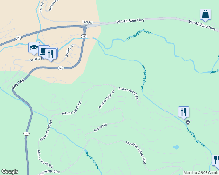 map of restaurants, bars, coffee shops, grocery stores, and more near 253 Adams Ranch Road in Mountain Village
