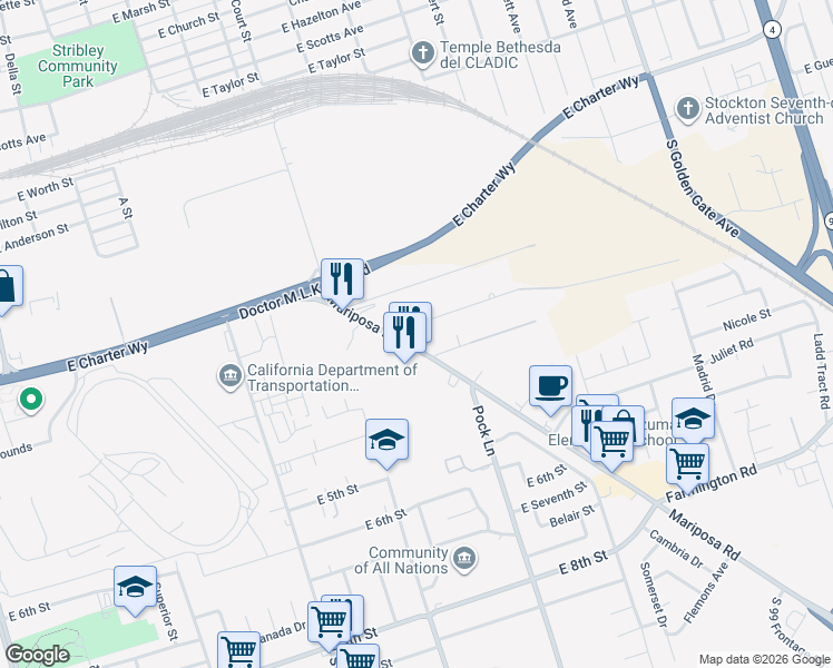 map of restaurants, bars, coffee shops, grocery stores, and more near 2321 Hall Avenue in Stockton