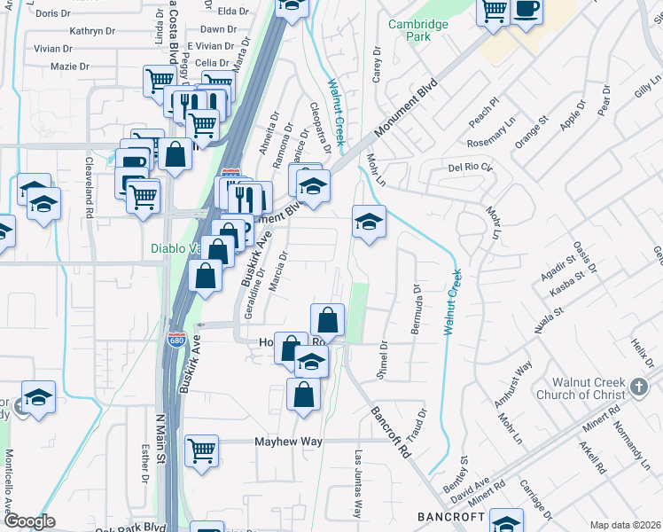 map of restaurants, bars, coffee shops, grocery stores, and more near 218 Elaine Drive in Pleasant Hill