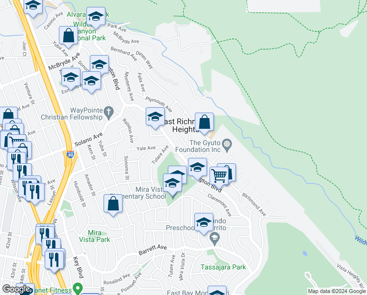map of restaurants, bars, coffee shops, grocery stores, and more near 6230 Plymouth Avenue in Richmond