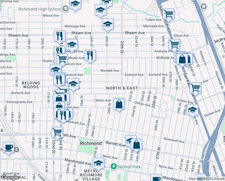 map of restaurants, bars, coffee shops, grocery stores, and more near 2835 Garvin Avenue in Richmond