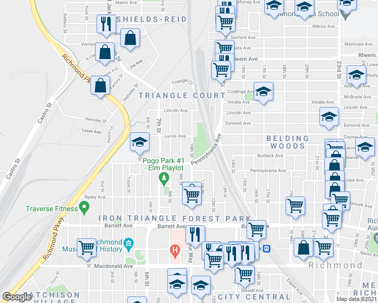map of restaurants, bars, coffee shops, grocery stores, and more near 724 10th Street in Richmond
