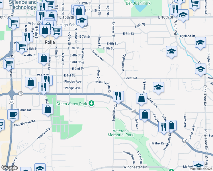 map of restaurants, bars, coffee shops, grocery stores, and more near 25 Rolla Gardens Drive in Rolla