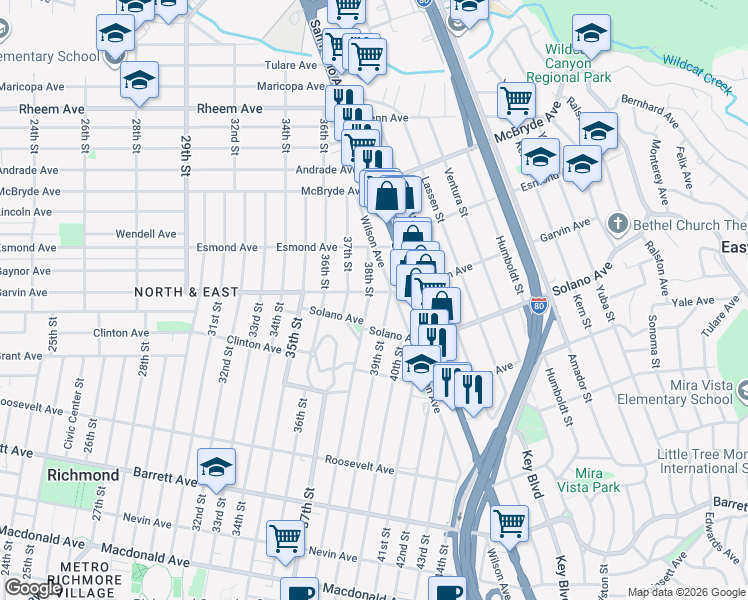 map of restaurants, bars, coffee shops, grocery stores, and more near 766 38th Street in Richmond