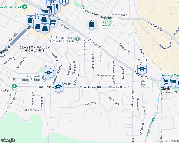 map of restaurants, bars, coffee shops, grocery stores, and more near 5595 Redondo Court in Clayton