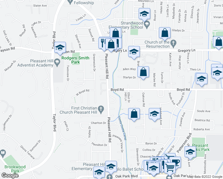 map of restaurants, bars, coffee shops, grocery stores, and more near 2220 Pleasant Hill Road in Pleasant Hill