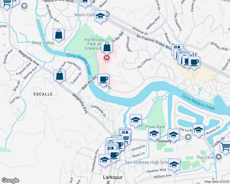 map of restaurants, bars, coffee shops, grocery stores, and more near 1123 South Eliseo Drive in Larkspur