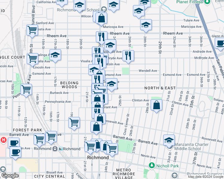 map of restaurants, bars, coffee shops, grocery stores, and more near 2376 Garvin Avenue in Richmond