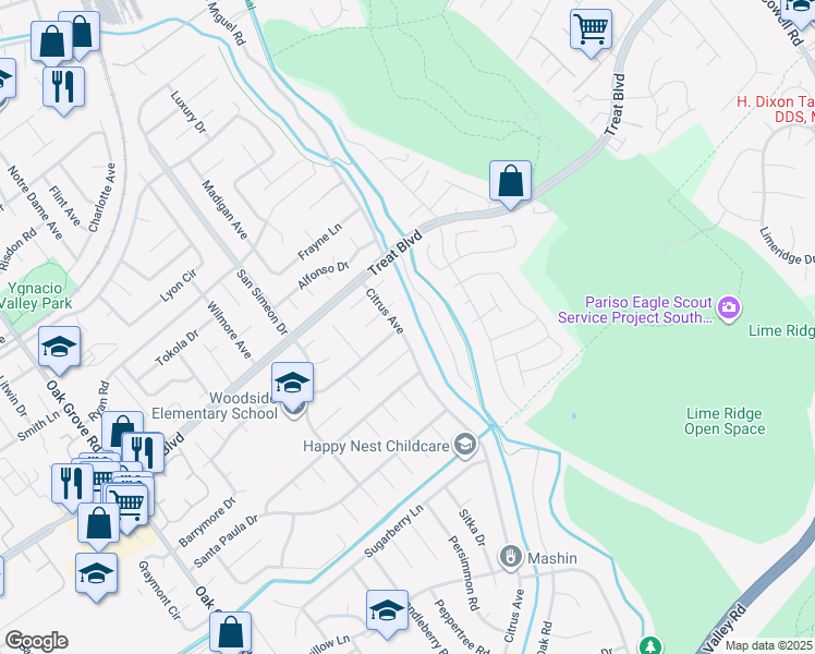 map of restaurants, bars, coffee shops, grocery stores, and more near 762 Citrus Avenue in Concord