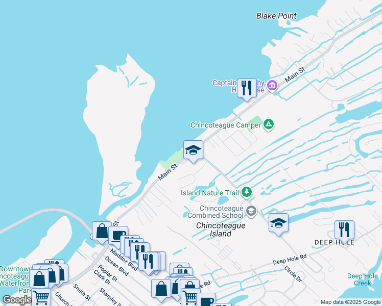 map of restaurants, bars, coffee shops, grocery stores, and more near 4586 Main Street in Chincoteague