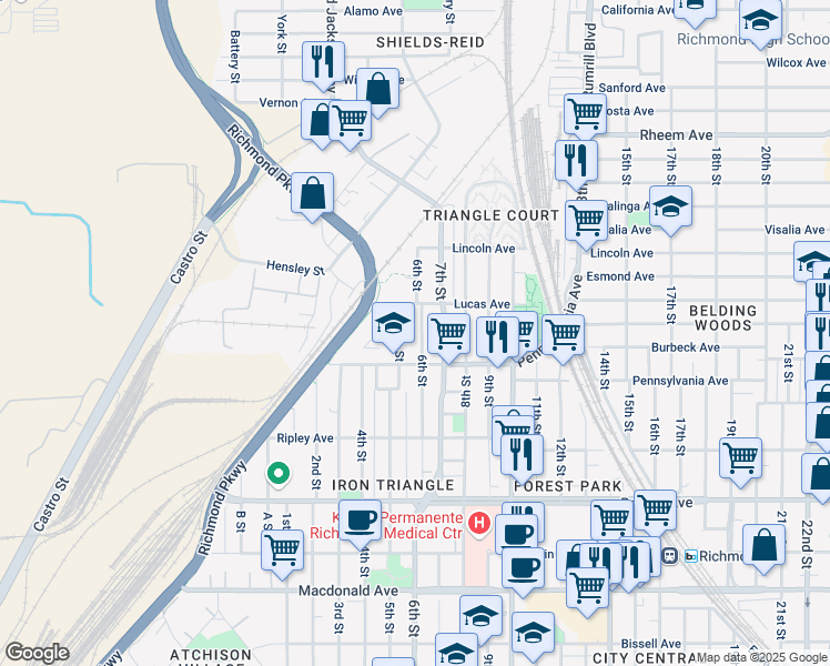 map of restaurants, bars, coffee shops, grocery stores, and more near 749 6th Street in Richmond