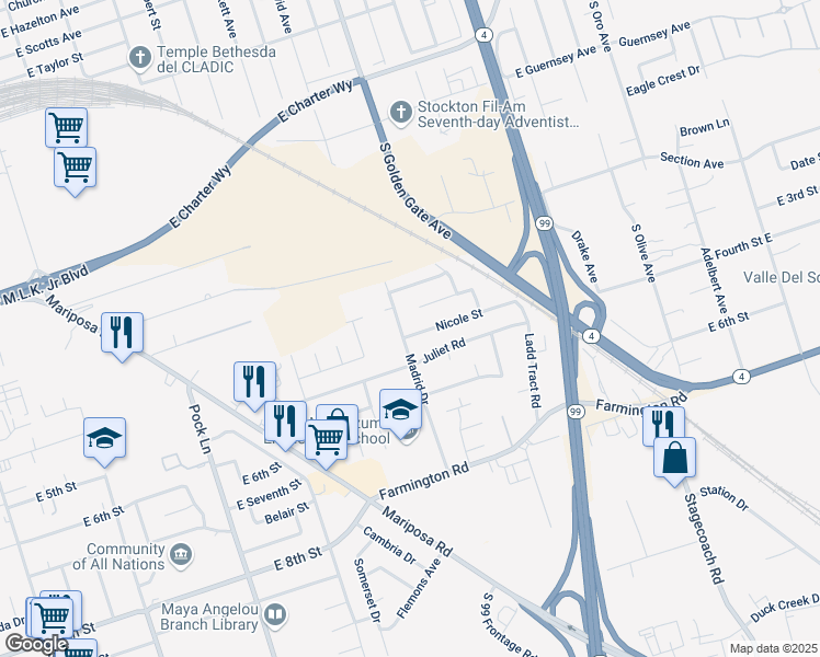 map of restaurants, bars, coffee shops, grocery stores, and more near 1728 Susan Way in Stockton