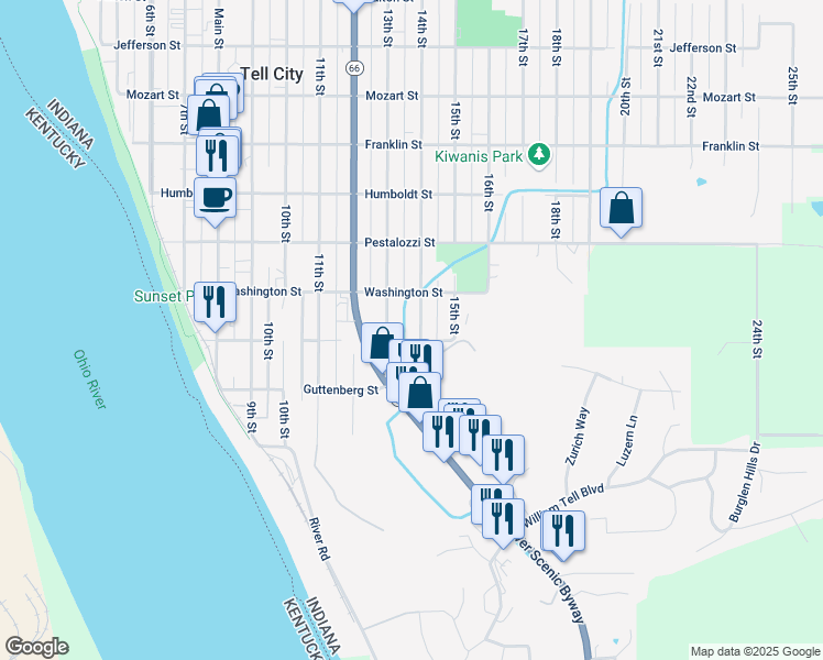 map of restaurants, bars, coffee shops, grocery stores, and more near 200-298 13th Street in Tell City