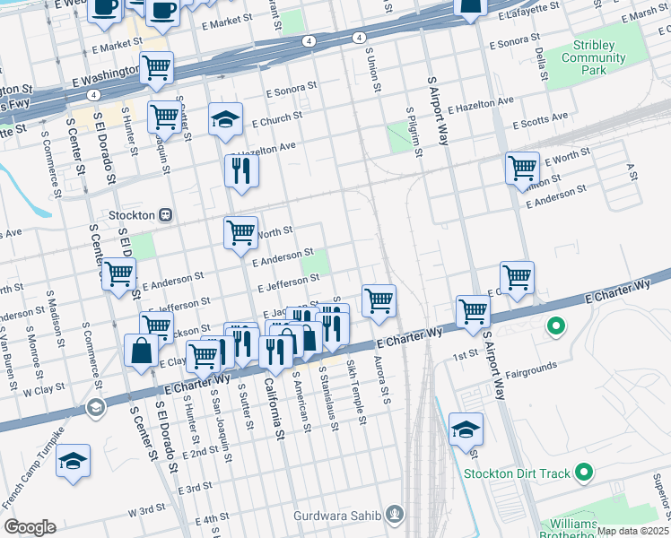 map of restaurants, bars, coffee shops, grocery stores, and more near 1048 South Grant Street in Stockton