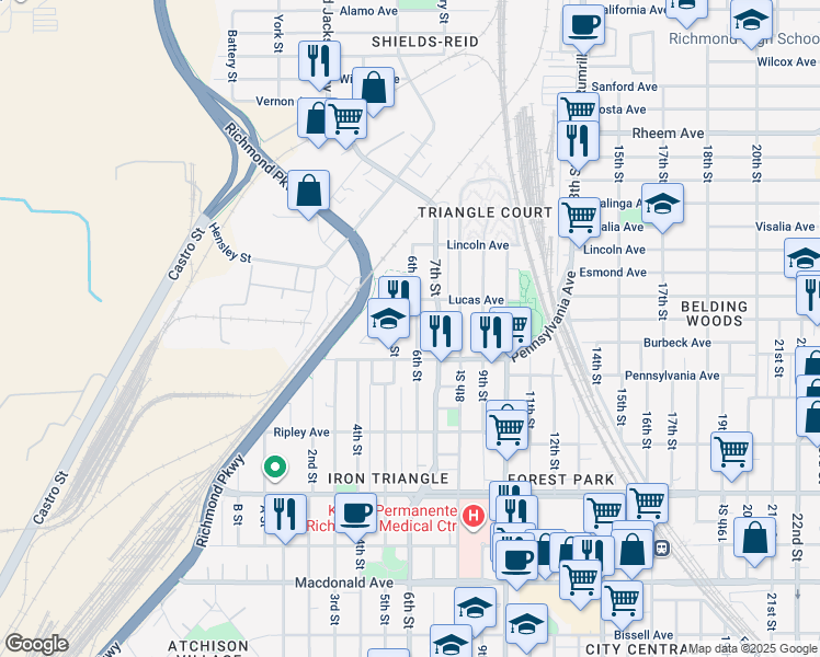 map of restaurants, bars, coffee shops, grocery stores, and more near 749 6th Street in Richmond