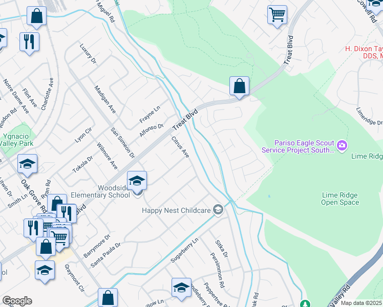 map of restaurants, bars, coffee shops, grocery stores, and more near 762 Citrus Avenue in Concord