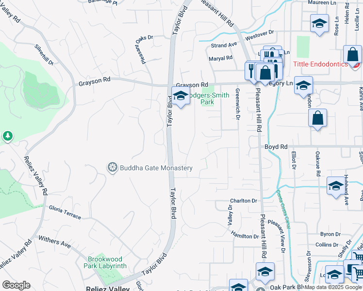 map of restaurants, bars, coffee shops, grocery stores, and more near 24 Cornell Court in Pleasant Hill